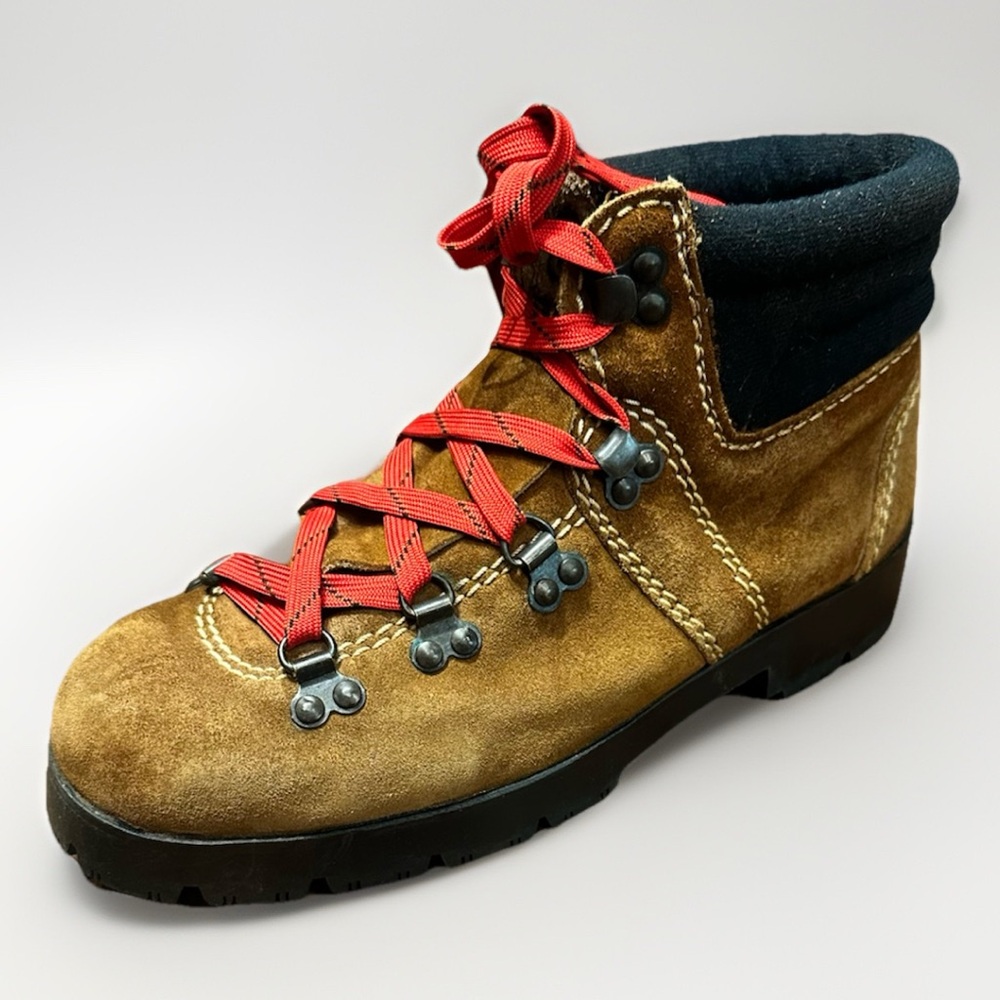 Vintage Alpina ITALY Hiking Boots Brown Suede Leather Red Lace Up Shoes Mens 7D